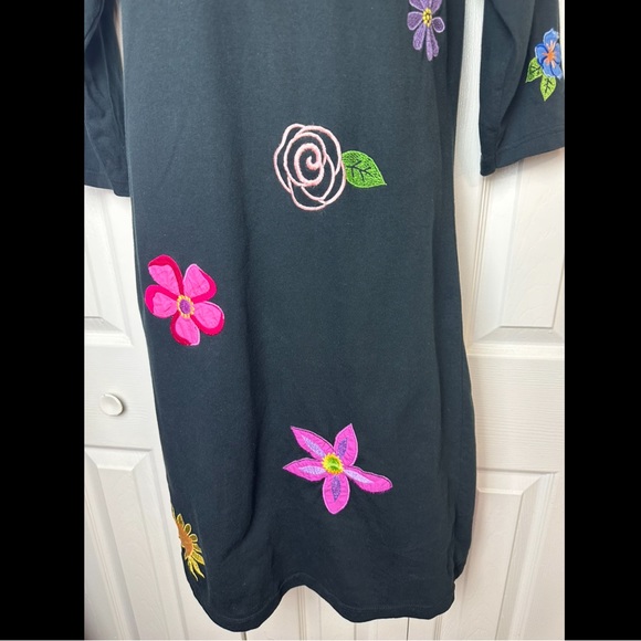 MICHAEL SIMON Lite Floral Embroidered Midi Dress Black Scoop Neck Pullover Pink - Picture 3 of 10